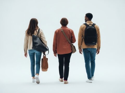 Three friends walking together from behind on white background