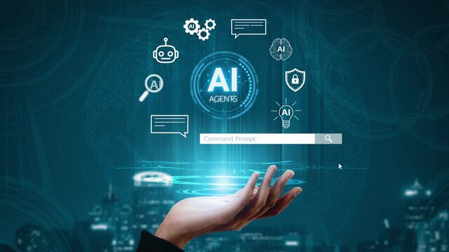 Futuristic Hand Holding Virtual Interface with AI Agents and Technology Icons in a Digital Background for Innovation Concepts. Entropy.