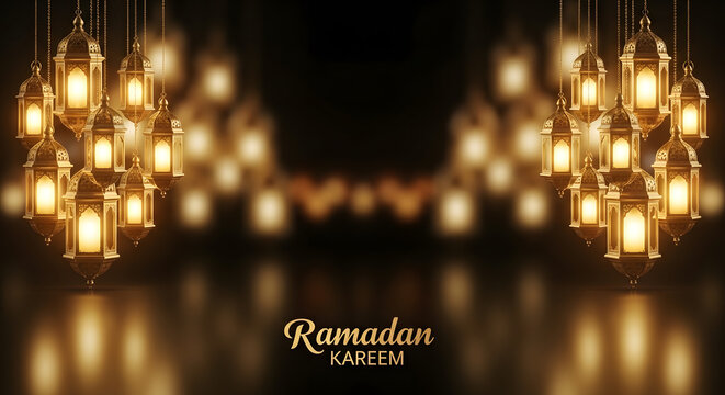 Golden ramadan lanterns illuminating a dark background with calligraphy and festive lighting