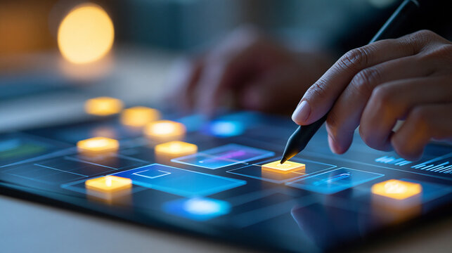 Low code no code development platform concept, close-up of hand using stylus on digital interface, application builder tools theme, defocused background, with copy space
