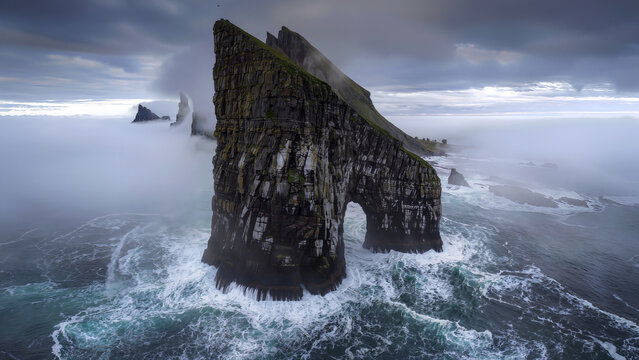 Majestic epic landscape of a dramatic vertical rock cliff overlooking a stormy turquoise ocean