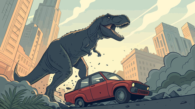 Fierce tyrannosaurus rex roaring near city vehicle illustration with sci fi dinosaur tyrannosaurus predator prehistoric creature paleontology jurassic skyscraper apocalypse adventure