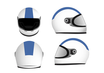 Fototapeta premium A white motorcycle helmet design shown from four angles, featuring a blue stripe, black visor, and sleek aerodynamic details.