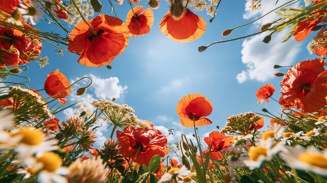 Vibrant red poppies and wildflowers viewed from below against bright blue summer sky, sunny meadow perspective with daisies and warm natural sunlight