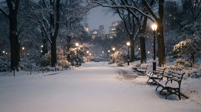 Snowy park path with lampposts at night