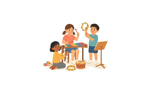 Diverse group of children playing musical instruments xylophone tambourine and drum together vector