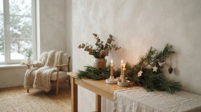 Modern wooden desk with plants and candle
