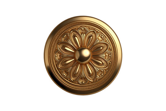 Round gold floral relief medallion isolated on transparent background