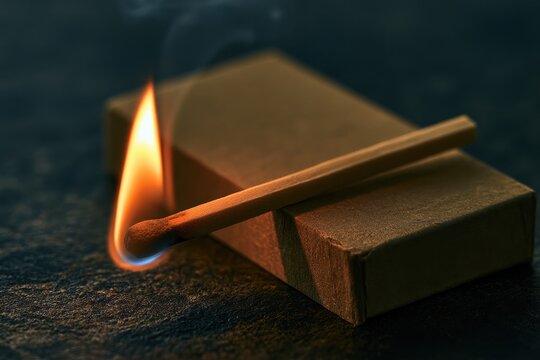 Macro photograph of a glowing matchhead on a simple matchbox against a dark moody background