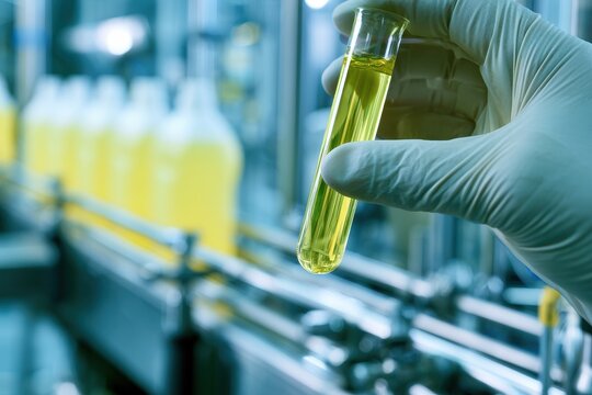 Male hand in glove holding a test tube with yellow liquid during chemical testing on an industrial production line