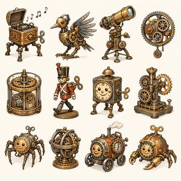 Cute vintage steampunk clockwork gizmos and mechanical wind up toys set, brass gears, clockwork bird, music box and spider robot clip art illustration bundle