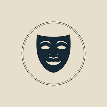 Theater comedy mask icon in circular frame, drama acting symbol for stage performance vintage design