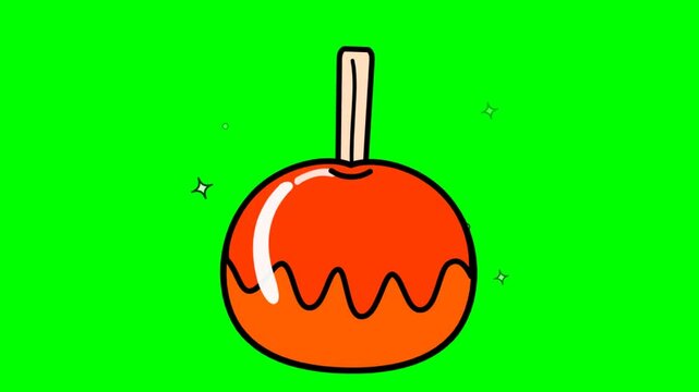 Animated Caramel Candy Apple on Stick with Sparkles Animation over Green Screen Background