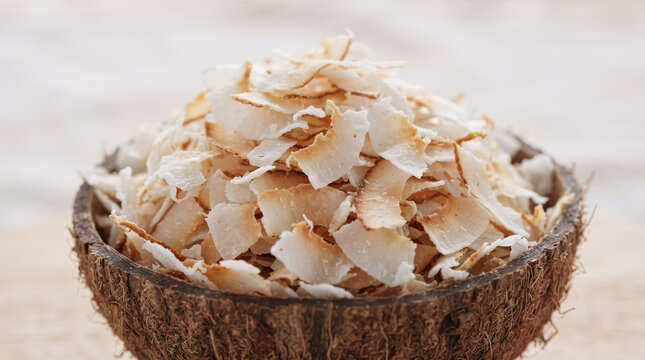 Crispy toasted coconut chips in a natural coconut shell bowl close up