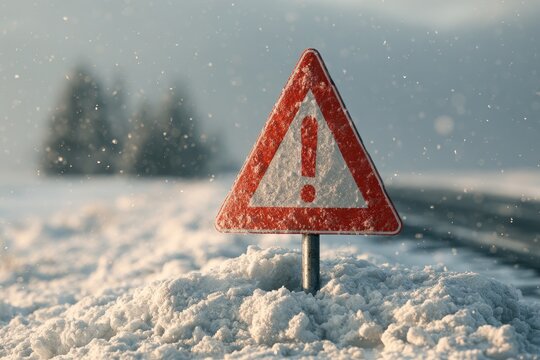 Snowy roadside warning sign in falling snow on a quiet winter road