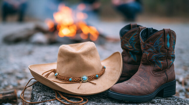 Cowboy hat and leather boots resting on rock near campfire outdoors at night