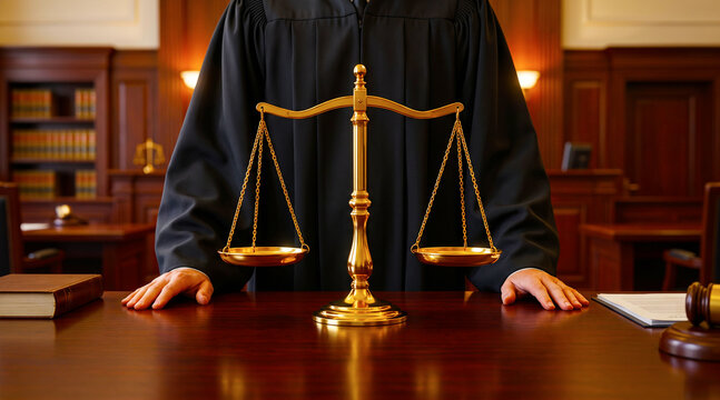 Golden scales of justice on courtroom desk with lawyer in black robe in background judgment attorney courtroom fairness legislation authority professional metallic practice judicial