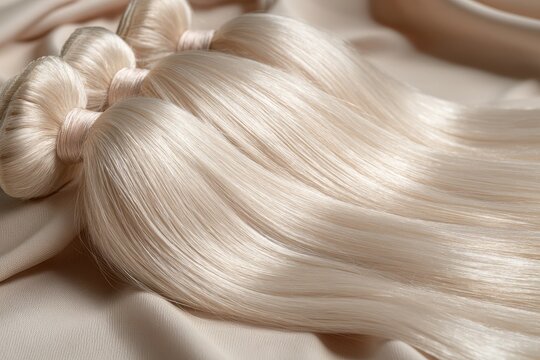 Close-up of blonde 613 hair extension bundles on neutral fabric, silky and full