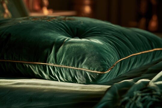 Royal-inspired cushion: deep green velvet, ornate piping, and refined craftsmanship in a warm ambiance