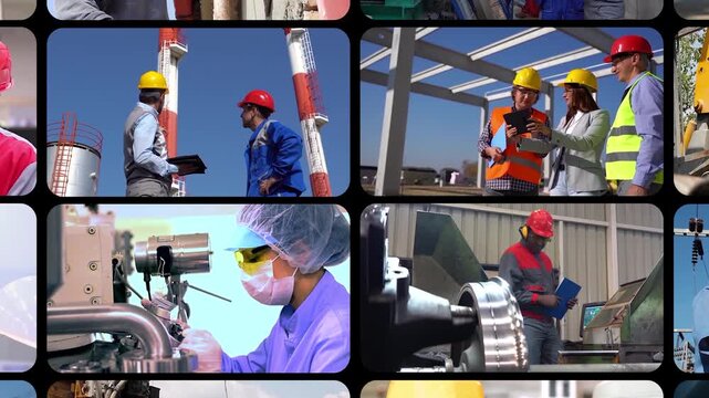 Corporate Diversity and Global Workforce Industry Campaign Multi Window Split Screen Video of Multiethnic Team. Workforce montage showcasing global manufacturing, engineering, and diverse job sectors.