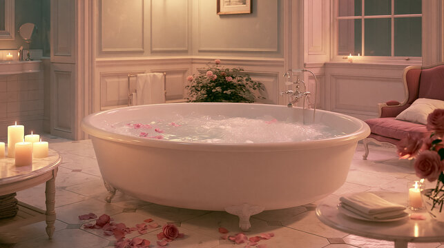 Elegant bathroom creating a perfect spa experience with a luxurious freestanding clawfoot bathtub, rose petals, bubbles, and many lit candles