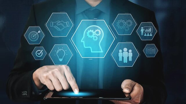 Head with gear and icons representing learning, digital training, and development process, showing skill growth for human or AI systems through knowledge or task optimization Marrow