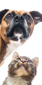 Dog and cat friends looking up at camera