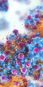 Viral particles interacting with cell membrane in microscopic view