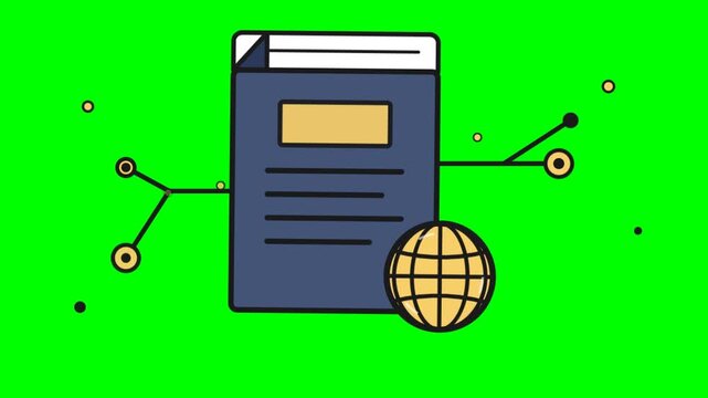 Flat animation of a digital file icon with a globe and circuit lines representing global data network on a green screen background for chroma key.