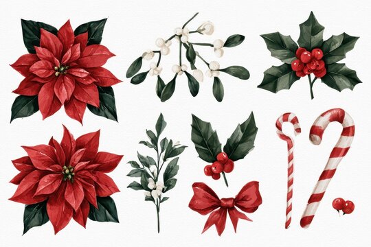 Hand-painted Christmas floral set with poinsettia, mistletoe, holly, candy cane and bow in soft watercolor on white background