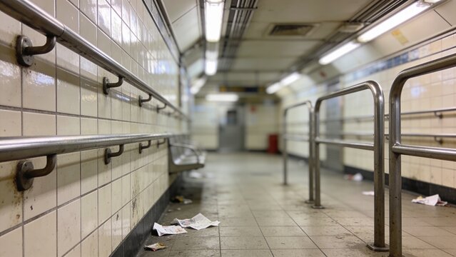 Empty underground transit corridor with tiled walls metal handrails fluorescent lighting worn floor scattered litter urban infrastructure public transportation subway station pedestrian passage neglec