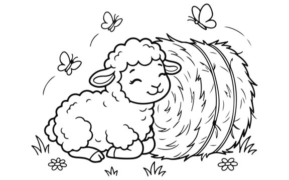 Cute cartoon lamb resting by a haystack in a meadow for a fun kids coloring page activity