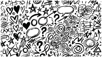 Fototapeta premium Black and white hand drawn doodle style background with hearts stars arrows and question marks