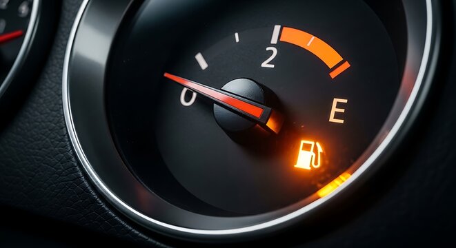 Close-up of a car's fuel gauge showing empty with the low fuel warning light illuminated