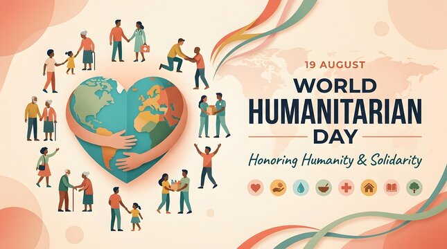 World humanitarian day illustration with people and a heart shaped globe