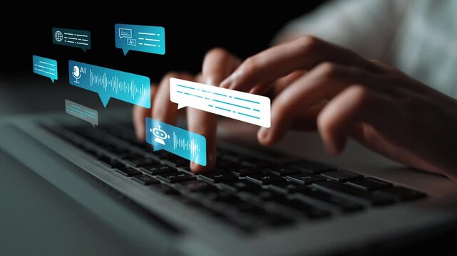 Hands Typing on Laptop Surrounded by Colorful Digital Chat Bubbles Representing Communication and Conversation in a Modern Tech Environment Gluon.