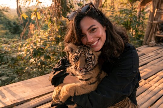 Courage and play: a smiling woman with a tiger cub in a serene wildlife setting in Thailand