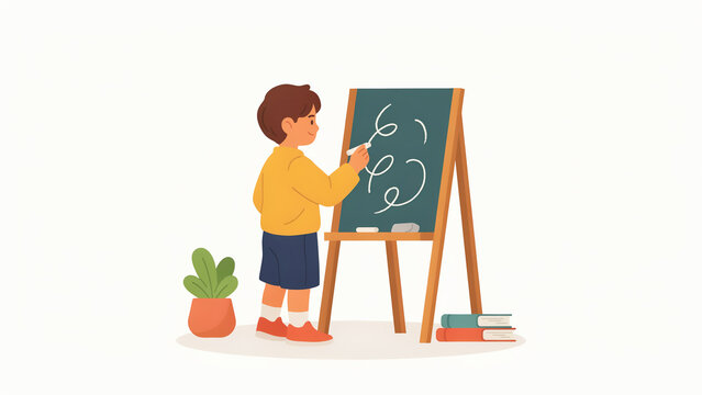 Cute young boy drawing with chalk on easel blackboard isolated on white background vector