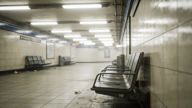 Empty subway platform with rows of worn black seats along tiled walls fluorescent ceiling lights scattered litter dirty floor underground transit station urban infrastructure public transportation com