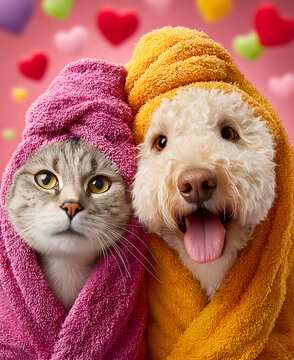 Creative animal template. Happy tabby cat kitten and white fluffy dog puppy friends with colourful bath terry towel wrapped on head, colourful hearts on pink background. copy text space.