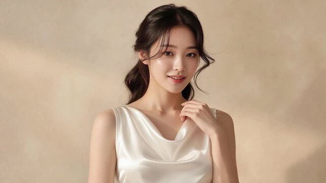 Elegant woman in white silk dress posing with a soft smile in warm natural lighting portrait fashion beauty female youth