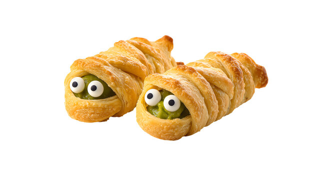Two mummy hot dogs for halloween party