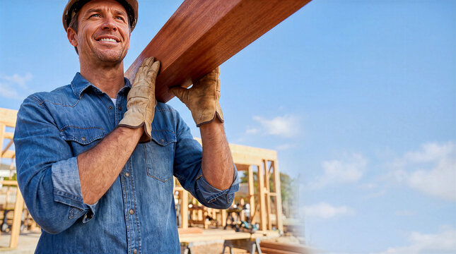 Smiling male carpenter wearing a hardhat and denim shirt carrying a heavy wooden beam on his shoulder at an outdoor house frame construction site against a clear blue sky with copy space