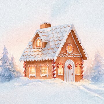 Whimsical holiday watercolor scene featuring a gingerbread house and candy accents