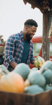 Happy black man picking squash at farm market