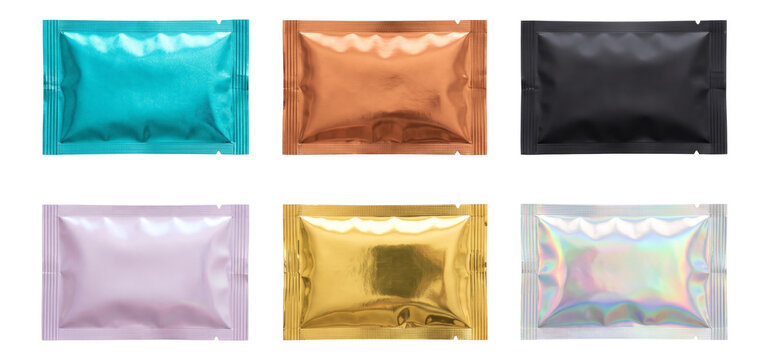 six blank cosmetic sample sachets displayed together