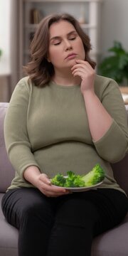 Plus size woman thinking about healthy food and dieting