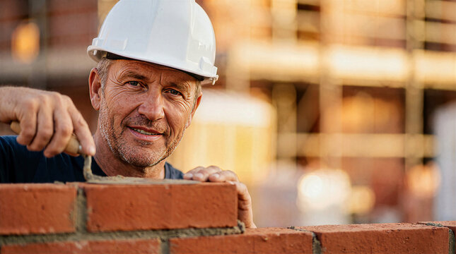 Smiling male bricklayer wearing a white safety hardhat holding a metal trowel with mortar while building a red brick wall on a construction site. Professional mason at work with copy space