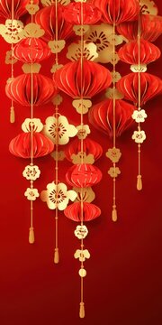 Red chinese lanterns and golden paper flowers