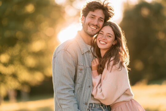 Joyful young couple in a sunlit park with bright smiles and warm golden light